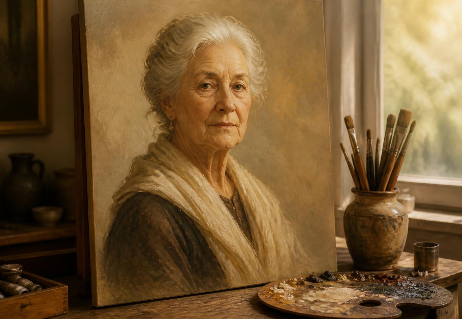 Retrato al óleo personalizado de una mujer mayor sobre la mesa de trabajo del estudio
