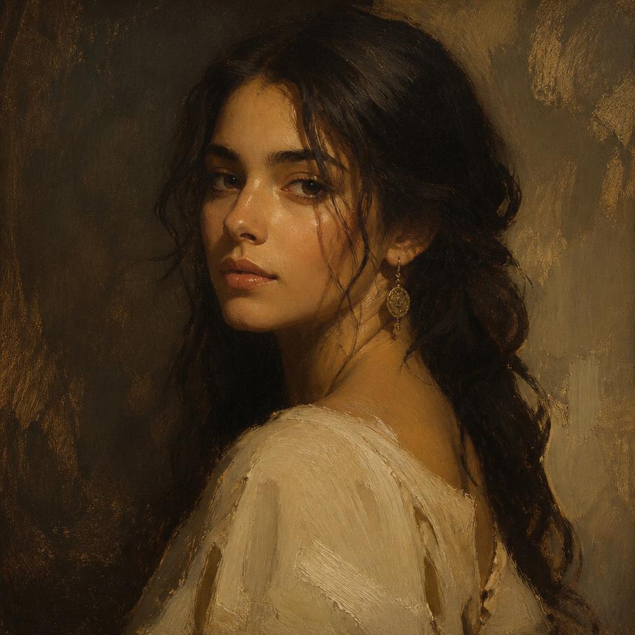 Retrato al óleo personalizado de una mujer joven con luz cálida
